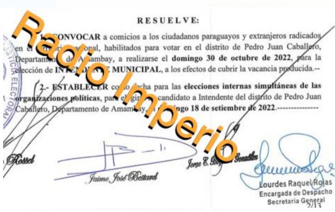 TSJE convoca a elecciones para Intendente Municipal  en Pedro Juan Caballero