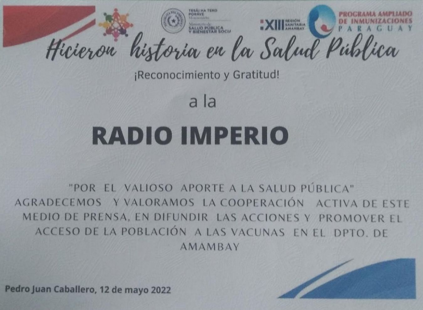 El PAI otorga certificado de reconocimiento y gratitud a Radio Imperio